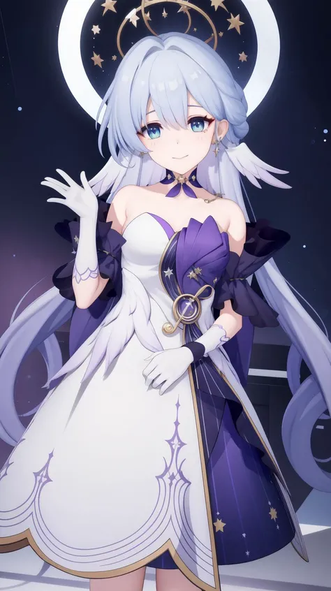 Facing viewer, White Circle dress, purple dress layer, masterpiece, best quality, Solo, <lora:robin-star-rail:0.7>, robin-star-rail, Pale blue hair, long hair, Small breasts, Print, (Full body:0.9)