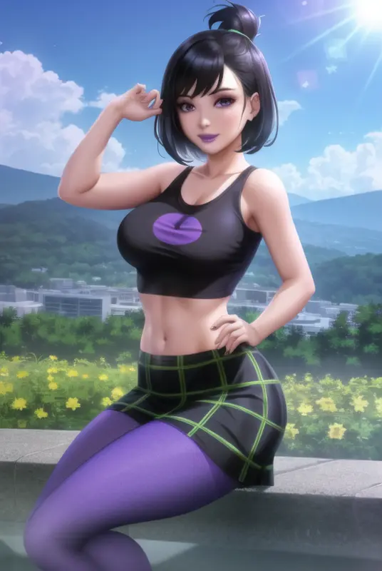 <lora:sam_manson:0.6>, sam manson, masterpiece, best quality, 1girl, solo, purple eyes, black hair, pantyhose, skirt, makeup, style parody, hand on hip, lipstick, plaid skirt, black shirt, parody, navel, midriff, plaid, short hair, bangs, crop top, tank top, purple lips, closed mouth, outdoors, cowboy shot, sitting, on mountain, city in distance, depth of field, from side, lens flare, scenery, looking away, on ground, looking in distance, from behind,