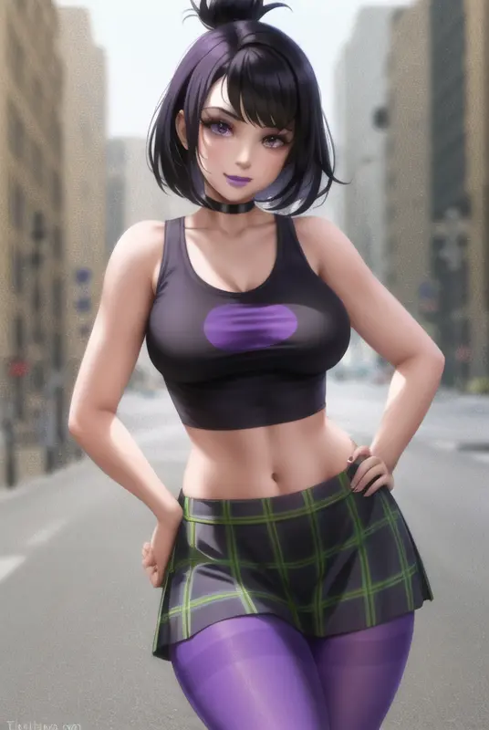 <lora:sam_manson:0.6>, sam manson, masterpiece, best quality, 1girl, solo, purple eyes, black hair, pantyhose, skirt, makeup, style parody, hand on hip, lipstick, plaid skirt, black shirt, parody, standing, navel, midriff, plaid, short hair, bangs, crop top, tank top, purple lips, closed mouth, outdoors, cowboy shot,