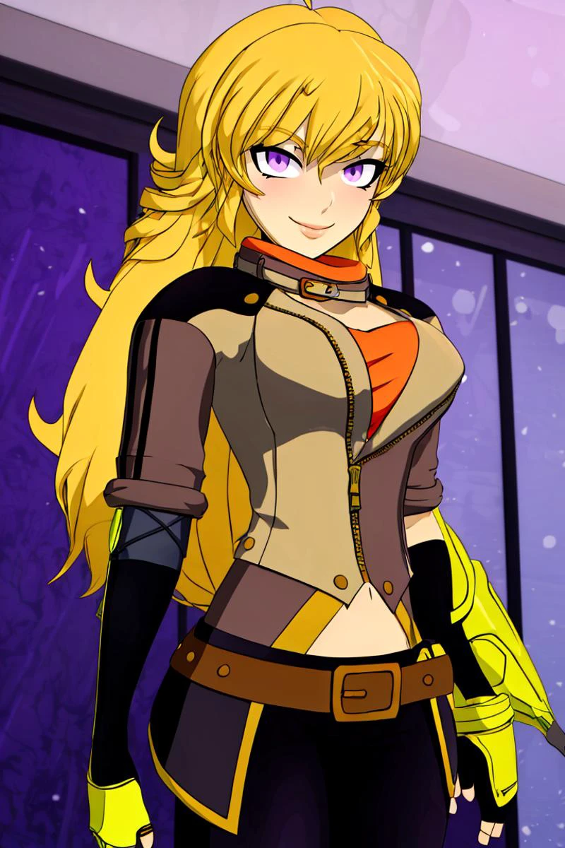 <lora:Bigdead_Style_Dim32:0.8>,((masterpiece,best quality)), <lora:Yang_RWBY:0.8>, Yang_RWBY, 1girl, solo, yellow hair, long hair, purple eyes, ahoge, mechanical arm, belt, pants, jacket, fingerless gloves, solo, smiling, looking at viewer, <lora:more_details:0.7>