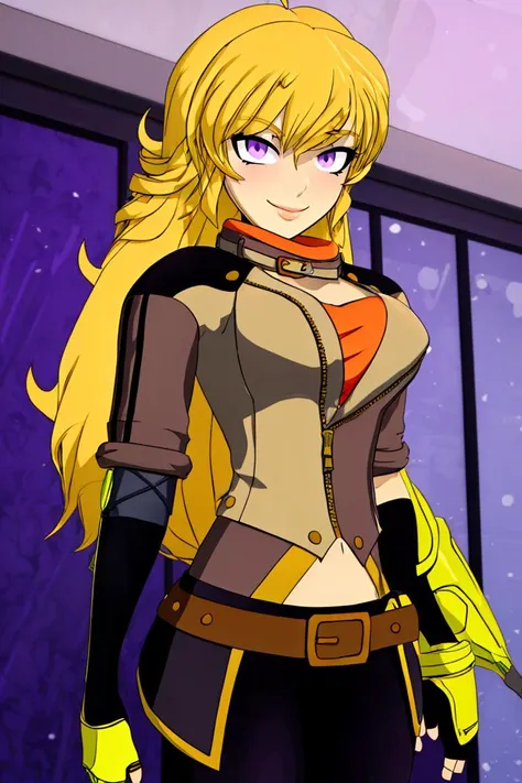 <lora:Bigdead_Style_Dim32:0.8>,((masterpiece,best quality)), <lora:Yang_RWBY:0.8>, Yang_RWBY,  1girl, solo, yellow hair, long hair, purple eyes, ahoge, mechanical arm, belt, pants, jacket, fingerless gloves, solo, smiling, looking at viewer, <lora:more_details:0.7>