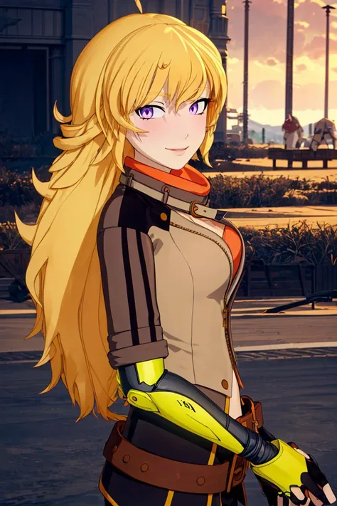 ((masterpiece,best quality)), 
<lora:Yang_RWBY:0.8>, Yang_RWBY,  1girl, solo, yellow hair, long hair, purple eyes, 
ahoge, mechanical arm, 
 belt, pants, jacket, fingerless gloves, 
solo, smiling, looking at viewer, 
cinematic composition, <lora:more_details:0.7>