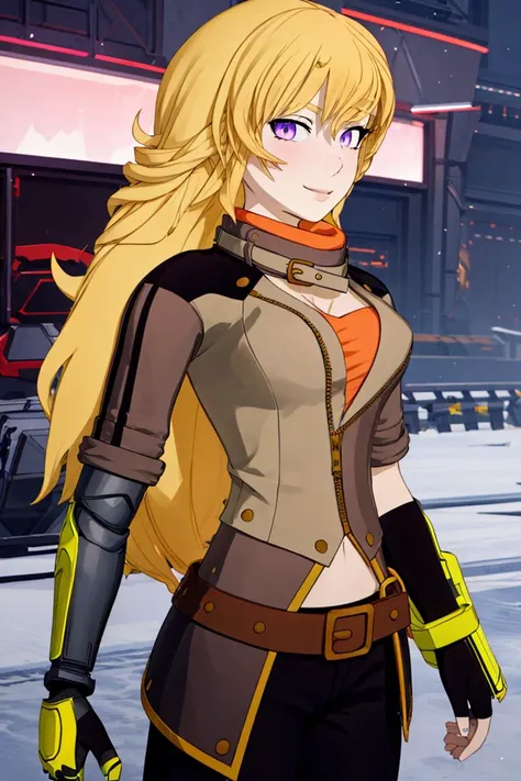((masterpiece,best quality)),
<lora:Yang_RWBY:0.8>, Yang_RWBY, 1girl, solo, yellow hair, long hair, purple eyes,
ahoge, mechanical arm,
belt, pants, jacket, fingerless gloves,
solo, smiling, looking at viewer, side view,
cinematic composition, <lora:more_details:0.7>