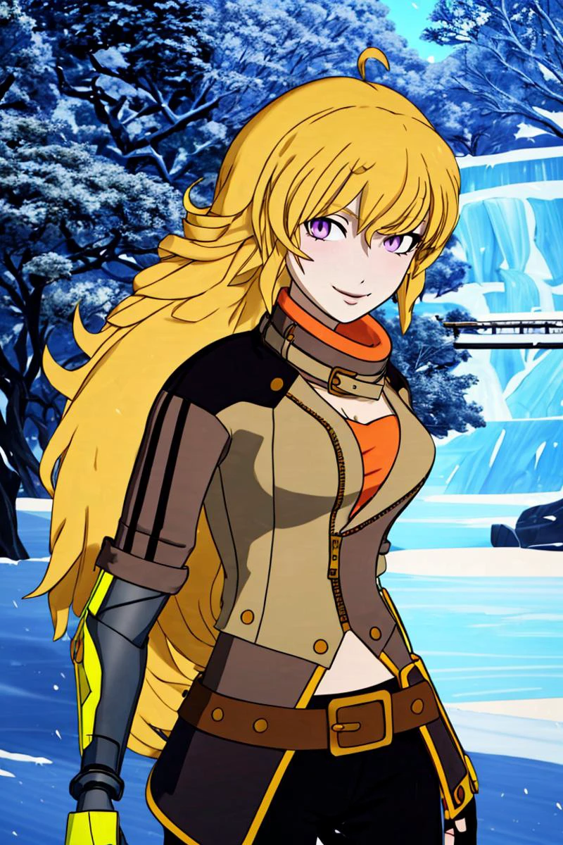 <lora:Sugimori_Ken_Style_v2:0.8>,((masterpiece,best quality)), <lora:Yang_RWBY:0.8>, Yang_RWBY, 1girl, solo, yellow hair, long hair, purple eyes, ahoge, mechanical arm, belt, pants, jacket, fingerless gloves, solo, smiling, looking at viewer, <lora:more_details:0.7>