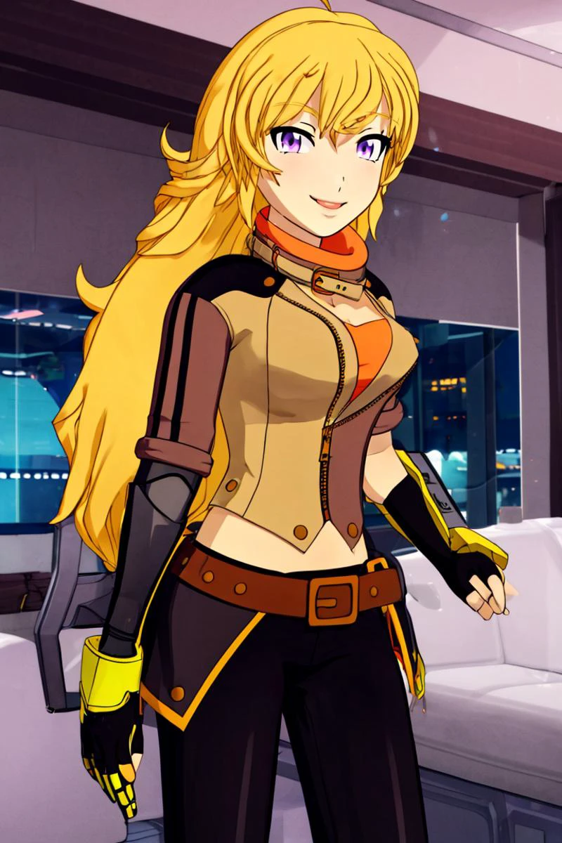 <lora:Gamma:0.8>,((masterpiece,best quality)), <lora:Yang_RWBY:0.8>, Yang_RWBY, 1girl, solo, yellow hair, long hair, purple eyes, ahoge, mechanical arm, belt, pants, jacket, fingerless gloves, solo, smiling, looking at viewer, <lora:more_details:0.7>