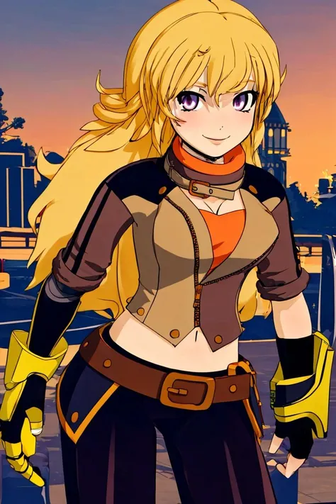 ben10af, (masterpiece, best quality:1.2), cowboy shot, solo, 1girl, ((((yang xiao long 1.2)))), grin, hand on hip, ahoge, purple eyes, brown jacket, yellow tube top, black shorts, black fingerless gloves, orange scarf, waist cape, midriff, cleavage, large breasts, beautiful eyes, highly detailed eyes,(((8k))),