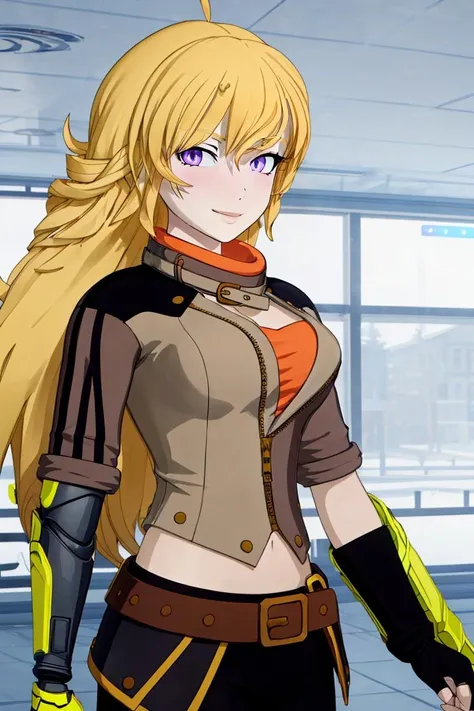 ((masterpiece,best quality)),
<lora:Yang_RWBY:0.8>, Yang_RWBY, 1girl, solo, yellow hair, long hair, purple eyes,
ahoge, mechanical arm,
belt, pants, jacket, fingerless gloves,
solo, smiling, looking at viewer, side view,
cinematic composition, <lora:more_details:0.7>