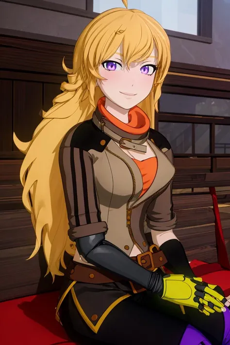 ((masterpiece,best quality)),
<lora:Yang_RWBY:0.8>, Yang_RWBY, 1girl, solo, yellow hair, long hair, purple eyes,
ahoge, mechanical arm,
belt, pants, jacket, fingerless gloves,
solo, smiling, looking at viewer, sitting on a bench,
cinematic composition, <lora:more_details:0.7>