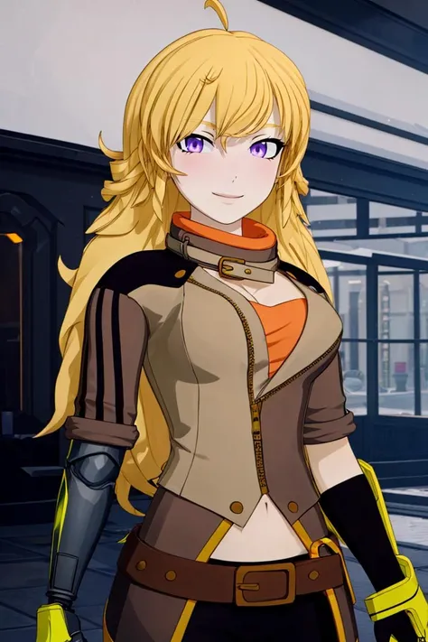 ((masterpiece,best quality)),
<lora:Yang_RWBY:0.8>, Yang_RWBY, 1girl, solo, yellow hair, long hair, purple eyes,
ahoge, mechanical arm,
belt, pants, jacket, fingerless gloves,
solo, smiling, looking at viewer,
cinematic composition, <lora:more_details:0.7>