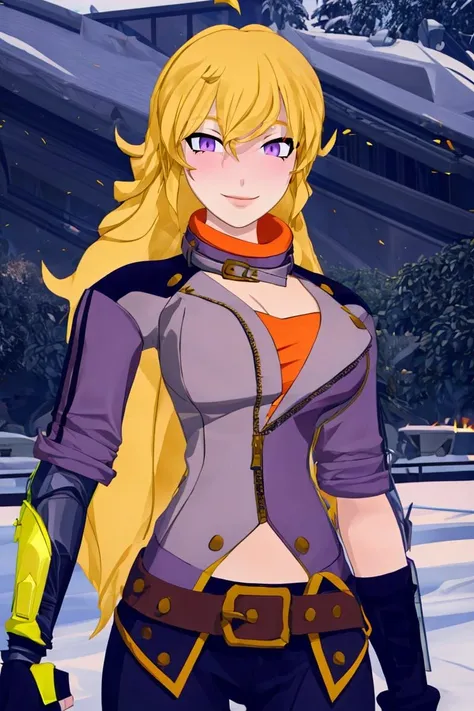 <lora:Iota:0.8>,((masterpiece,best quality)), <lora:Yang_RWBY:0.8>, Yang_RWBY, 1girl, solo, yellow hair, long hair, purple eyes, ahoge, mechanical arm, belt, pants, jacket, fingerless gloves, solo, smiling, looking at viewer, <lora:more_details:0.7>