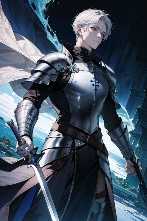 (absurdres, highres, ultra detailed), 1 male, adult, handsome, tall muscular guy, broad shoulders, finely detailed eyes, short silver hair, knight, armor, large sword, holy, cathedral, religious, sublime, battleground, (dutch angle), closed mouth
