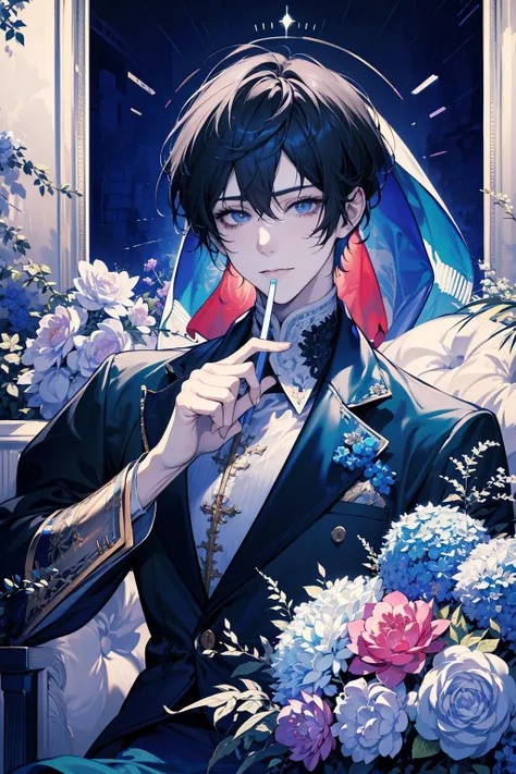 (absurdres, highres, ultra detailed), 1 male, adult, handsome, tall muscular guy, broad shoulders, finely detailed eyes, light color hair, fantasy, complex pattern, detailed face, throne, best ratio four finger and one thumb, rainbow effect, prism, spring flower, smile, (dutch angle), closed mouth