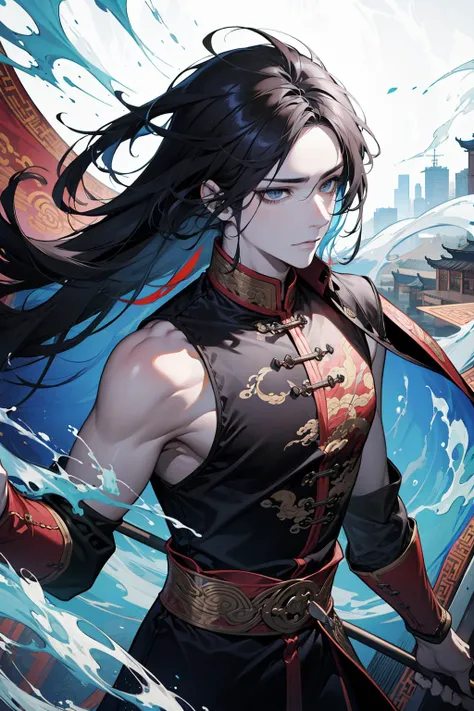 (absurdres, highres, ultra detailed), 1 male, adult, handsome, tall muscular guy, broad shoulders, finely detailed eyes, looking at viewer, solo, half shot, detailed background, detailed face, (eastern dragon theme:1.1), hair flowing in the wind, monk, dynamic pose, fighting stance, clenched fist, striking, wristwraps, colorful dragon themed clothes, sleeveless fighter clothes, city view from above in background, swirling floating particles, dust cloud, dynamic composition, mystical eastern medieval atmosphere,, (dutch angle), closed mouth, cowboy shot
