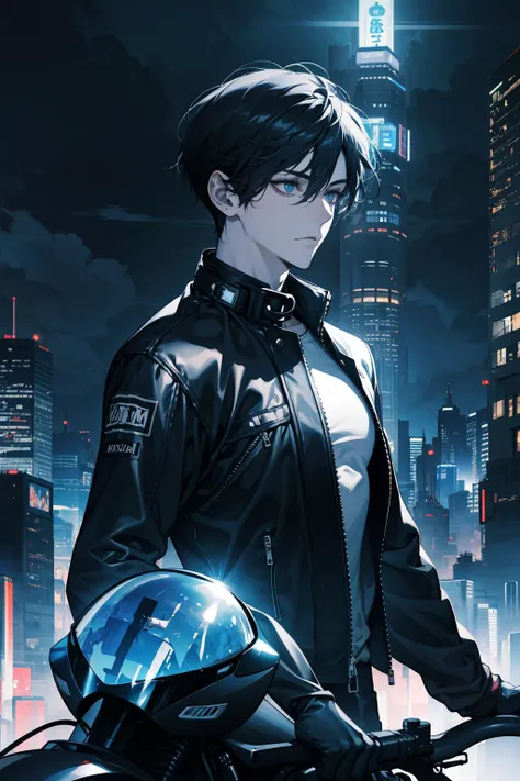 (absurdres, highres, ultra detailed), 1 male, adult, handsome, tall muscular guy, broad shoulders, finely detailed eyes, Cyberpunk, motorcycle, goggles, holographic, black jacket, intense run, speed, night city, neon sign, skyscraper, (dutch angle), closed mouth