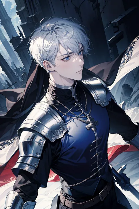 (absurdres, highres, ultra detailed), 1 male, adult, handsome, tall muscular guy, broad shoulders, finely detailed eyes, short silver hair, knight, armor, large sword, holy, cathedral, religious, sublime, battleground, (dutch angle), closed mouth