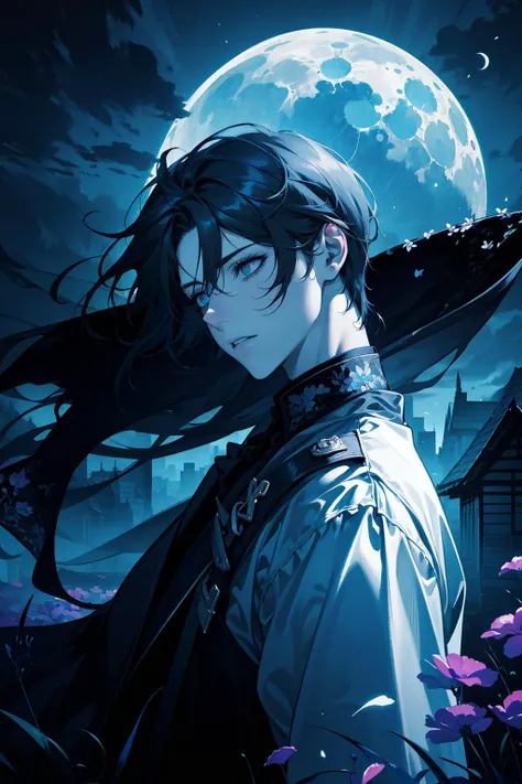 (absurdres, highres, ultra detailed), 1 male, adult, handsome, tall muscular guy, broad shoulders, finely detailed eyes, fantasy, night, dark theme, cinematic lighting, colorful, portrait, flying petal, Flowery meadow, cloudy sky, building, moon, light, dutch angle, cowboy shot, (dutch angle), closed mouth