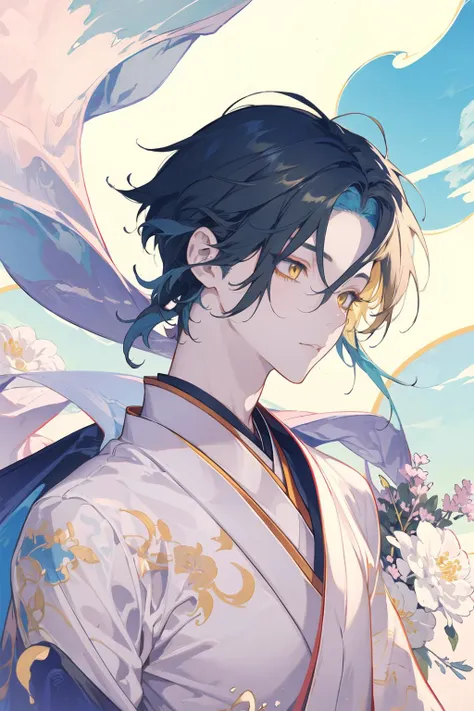 (masterpiece:1.2, best quality), solo, <lora:Hanbok_LoRA_V2:0.5>, japanese traditional clothes, Fluttering flowers, (sky, river, cliff), upper body, (top view), <lora:Genshin_Xiao_AP_v3:0.6> 1boy, male focus, yellow eyes, (official:1.2),