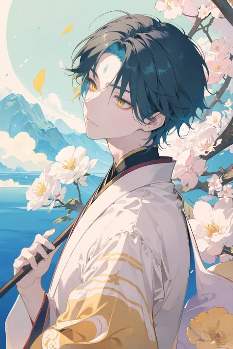 (masterpiece:1.2, best quality), solo, <lora:Hanbok_LoRA_V2:0.5>, japanese traditional clothes, Fluttering flowers, (sky, river, cliff), upper body, (top view), <lora:Genshin_Xiao_AP_v3:0.6> 1boy, male focus, yellow eyes, (official:1.2),