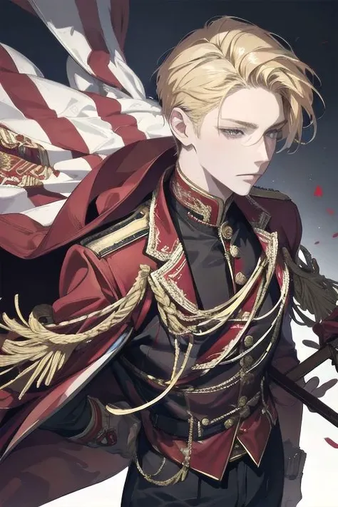1 man, portrait of an 18-year-old blonde guy in a bulletproof vest and red overcoat, extremely detailed, highest detailed, masterpiece, best quality, high quality, highres, ultra highres, ultra details, finely detail,extremely detailed,real shadow, highly detailed