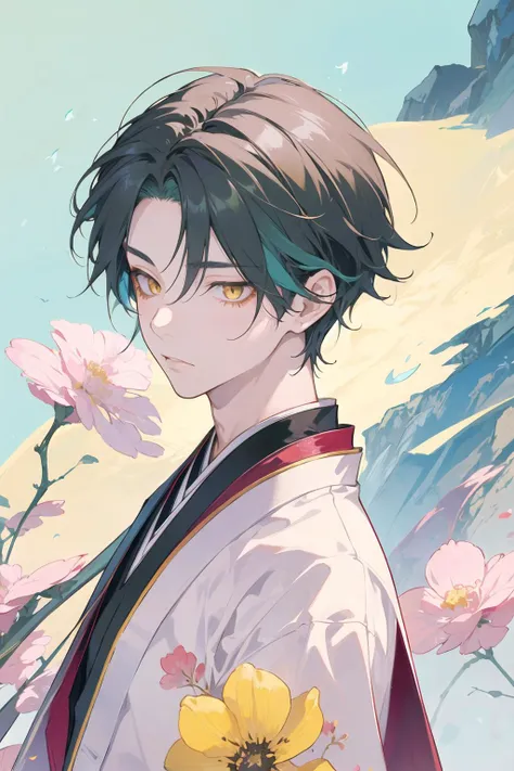 (masterpiece:1.2, best quality), solo, <lora:Hanbok_LoRA_V2:0.5>, japanese traditional clothes, Fluttering flowers, (sky, river, cliff), upper body, (top view), <lora:Genshin_Xiao_AP_v3:0.6> 1boy, male focus, yellow eyes, (official:1.2),