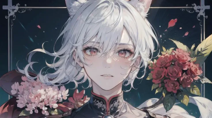 (masterpiece:1.2), (best quality:1.2), (ultra detailed:1.2), (detailed background:1.1), volumetric light, ray tracing,finely detailed,absurdres, (1 boy), (cat ears) (white hair red eyes), ((chair)), (cute, happy, blushing), solo, <lora:CuteTraps:1>
