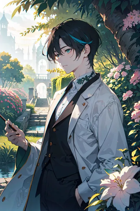 (absurdres, highres, ultra detailed), 1male, adult, handsome, tall guy,finely detailed eyes, solo,upper body, looking at viewer,
A tranquil photograph of a man walking through his garden in the early morning light. The garden is bursting with colorful flowers and lush greenery, with the sun just starting to peek over the trees. The man is dressed in casual clothes, with a peaceful expression on his face. The overall effect is one of serenity and harmony, as if the man is in tune with the natural world around him.
, (dutch angle), closed mouth, cowboy shot
