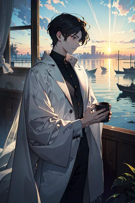 (absurdres, highres, ultra detailed), 1male, adult, handsome, tall guy,finely detailed eyes, solo,upper body, looking at viewer,
A dreamy painting of a man standing on his balcony, watching the mist rise off the city below. It's early morning, and the sun is just starting to light up the sky. The man is wrapped in a warm blanket, with a mug of tea in his hand. The overall effect is one of quiet contemplation and reflection, as if the man is taking a moment to appreciate the beauty of the world around him.
, (dutch angle), closed mouth, cowboy shot