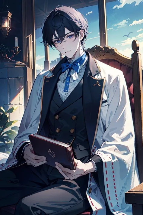 (absurdres, highres, ultra detailed), 1male, adult, handsome, tall guy,finely detailed eyes, solo,upper body, looking at viewer,
A cozy photograph of a man sitting on his balcony, with a fluffy blanket draped over his shoulders. It's early morning, and the sky is a soft purple and blue. The man is dressed in pajamas, with a book in his lap. The air is cool and crisp, with the sound of birds starting to fill the air. The overall effect is one of comfort and relaxation, as if the man is enjoying a quiet moment before the start of a busy day.
, (dutch angle), closed mouth, cowboy shot