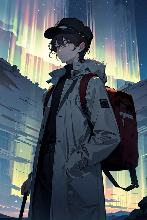 (absurdres, highres, ultra detailed), 1male, adult, handsome, tall guy,finely detailed eyes, solo,upper body, looking at viewer,
A mesmerizing photograph of a man standing on a rocky outcropping overlooking a lake at night. The stars are visible in the clear sky, with a faint aurora borealis visible in the distance. The man is wearing a warm coat and hat, with a backpack slung over his shoulder. He's looking out across the water, with a sense of awe and wonder on his face. The overall effect is one of deep connection to the natural world.
, (dutch angle), closed mouth, cowboy shot