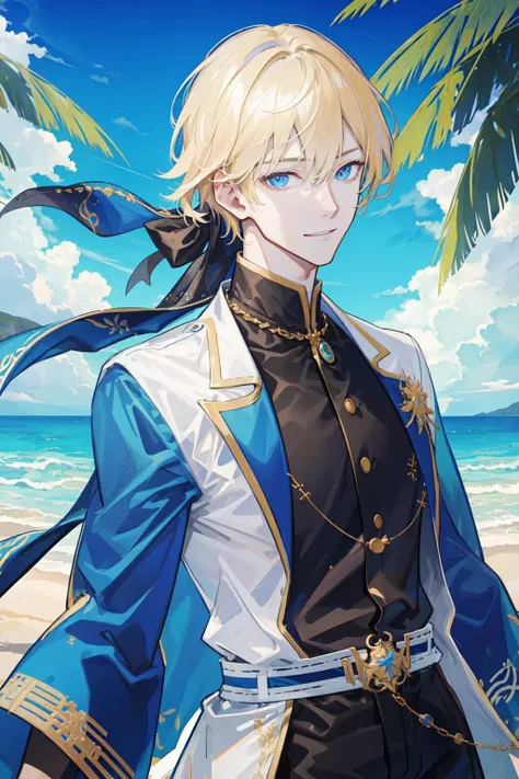 masterpiece, best quality, 1 male, adult, handsome, tall muscular guy, broad shoulders, finely detailed eyes and detailed face, extremely detailed CG unity 8k wallpaper, intricate details, casual clothes, Beach, palm tree, smile, dutch angle, from side, wavy blonde hair, depth of field