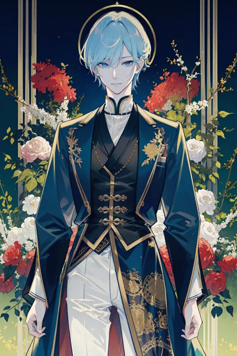 masterpiece, best quality, 1 male, adult, handsome, tall muscular guy, broad shoulders, finely detailed eyes and detailed face, extremely detailed CG unity 8k wallpaper, intricate details, long blond hair, large 18th-century baroque mansion, garden, nobleman, aristocratic, elegant, neat, graceful, sunset, scenery, smile, depth of field
