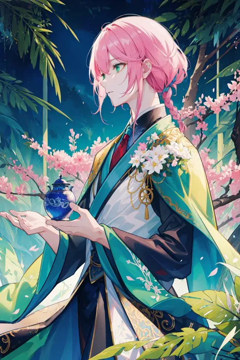 masterpiece, best quality, 1 male, adult, handsome, tall muscular guy, broad shoulders, finely detailed eyes and detailed face, extremely detailed CG unity 8k wallpaper, intricate details, pink long hair, green eyes, white robe, forest, trees full of greenery, fluttering leaves, pond, natural light and shadow, There are shiny particles flying around the man, fantastic, fairy tale, mysterious, shining sparkle, depth of field