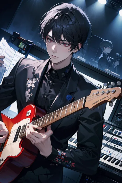 (absurdres, highres, ultra detailed), 1 male, adult, handsome, tall muscular guy, broad shoulders, finely detailed eyes, red eyes, Musician, Musical attire, Recording studio, Composing music, Performing live, Collaborating with other musicians, (dutch angle), closed mouth, cowboy shot