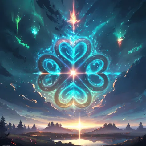 Light painting art creation, depicting (Celtic:1.2) culture, four-leaf clover, four-leaf, four Leaf clover shaped fireworks filling the sky, rainbow, people sitting watchin, <lora:SparkleYourName:0.5>, (masterpiece, best quality, ultra-detailed, best shadow), (detailed background, dark fantasy), (beautiful detailed face), high contrast, (best illumination, an extremely delicate and beautiful), ((cinematic light)), colorful, hyper detail, dramatic light, intricate details, In the heart of Ireland, where misty hills meet ancient forests, lies a landscape steeped in myth and magic. As dawn breaks, the verdant countryside awakens with a symphony of color and life. Rolling hills, cloaked in emerald green, undulate like waves beneath a sky painted with hues of gold and rose. Wisps of mist dance among the trees, weaving enchantments that whisper secrets of old. Amidst the ancient oaks and hawthorn groves, mystical creatures roam freely. Fairies flit between the ferns, their laughter tinkling like bells in the morning air. Centuries-old stone circles stand as silent sentinels, their weathered stones bearing witness to the passage of time and the tales of generations. In the distance, a shimmering lake reflects the sky like a mirror, its surface rippling with the magic of unseen forces. Here, the Lady of the Lake is said to dwell, her ethereal presence felt in every whisper of the wind and every ripple on the water. As the sun climbs higher in the sky, casting its warm glow over the land, the boundaries between the mortal world and the realm of myth blur. In this mystical landscape, legends come to life, and the stories of old are woven into the very fabric of the land.
