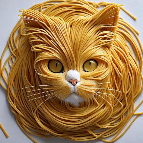 Cat made of spaghetti, spaghetti body of cat form, spaghetti cat body, cat spaghetti composition, perfect composition, masterpiece, elegant, expressive, artistic, intricate, detailed, best quality, [:cinematic lighting:.35]