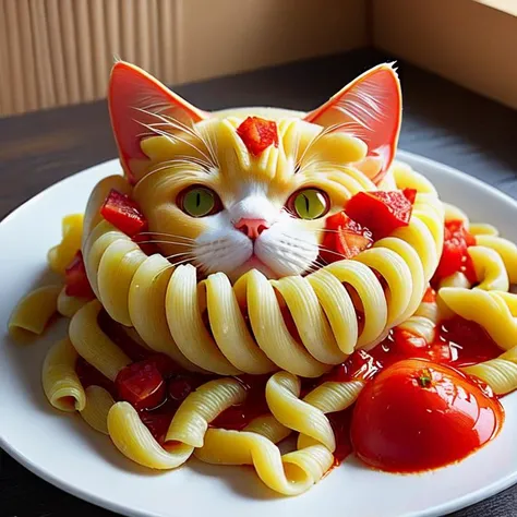 Cat made of fresh elbow pasta, hot fresh elbow pasta body of cat form, elbow pasta head, tomato sauce above, perfect composition, masterpiece, best quality, [:cinematic lighting:.35]
