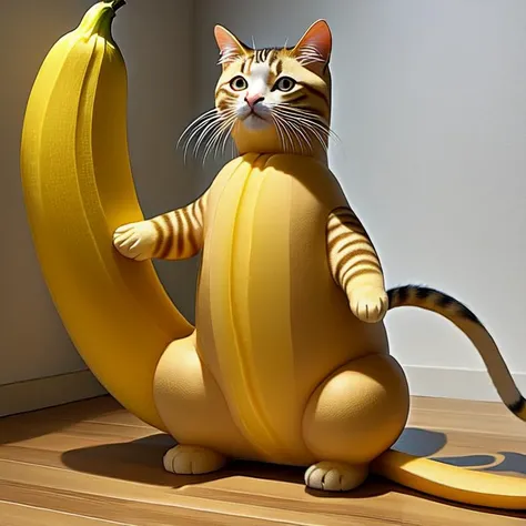 Cat made of banana, banana body, banana cat, perfect composition, masterpiece, best quality, [:cinematic lighting:.35]