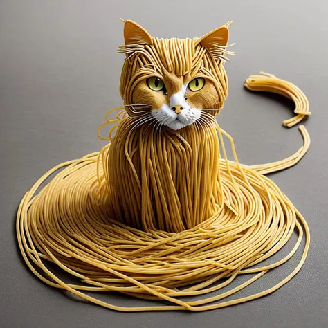 Cat made of spaghetti, spaghetti body of cat form, spaghetti cat body, cat spaghetti composition, perfect composition, masterpiece, elegant, expressive, artistic, intricate, detailed, best quality, [:cinematic lighting:.35]