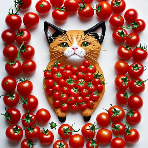 Cat made of tomato , tomato body of cat form, tomato cat body, cat tomato composition, perfect composition, masterpiece, elegant, expressive, artistic, intricate, detailed, best quality, [:cinematic lighting:.35]