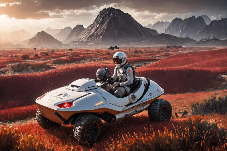 analog photo a (anomaly:1.5),(male rides on a rover on grass:1.2) on alien planet future,landscape (blueberry,red grass on foreground:1.5),futuristic white capsule house ,sunday sunrays,alien plants and flowers background,((best quality)), ((masterpiece)), ((ultra realistic)), ((dark theme style)), professional intricately detailed award winning  photo, soft edge lighting, highly detailed, soft volumetric lighting, lens flares, dusty atmospheric haze, high quality textures of materials, volumetric textures, coating textures, metal textures ,detailed textures, photography, detailed photography,photoshadow, realistic, detailed, balanced, by Trey Ratcliff, Klaus Herrmann, Serge Ramelli, Jimmy McIntyre, Elia Locardi
