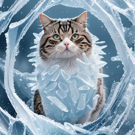 Cat made of  frozen ice,  frozen ice body of cat form,  frozen ice cat body, cat  frozen ice composition, perfect composition, masterpiece, elegant, expressive, artistic, intricate, detailed, best quality, [:cinematic lighting:.35]