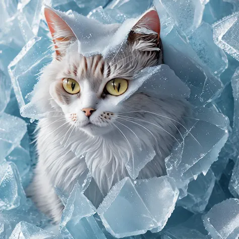 Cat made of  frozen ice,  frozen ice body of cat form,  frozen ice cat body, cat  frozen ice composition, perfect composition, masterpiece, elegant, expressive, artistic, intricate, detailed, best quality, [:cinematic lighting:.35]