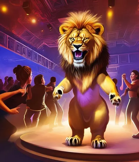 An (anthropomorphic:1.2) lion dancing inside a night club, people dancing, hyperdetailed, [:in the style of artgerm, deviantart, figurative art, deviantart, ilya kuvshinov, lovecraftian:.35], Professional, masterpiece, commissioned