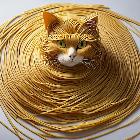 Cat made of spaghetti, spaghetti body of cat form, spaghetti cat body, cat spaghetti composition, perfect composition, masterpiece, elegant, expressive, artistic, intricate, detailed, best quality, [:cinematic lighting:.35]