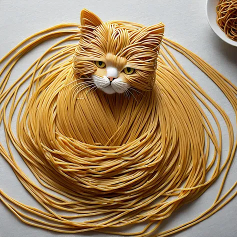 Cat made of spaghetti, spaghetti body of cat form, spaghetti cat body, cat spaghetti composition, perfect composition, masterpiece, elegant, expressive, artistic, intricate, detailed, best quality, [:cinematic lighting:.35]