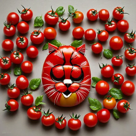 Cat made of tomato , tomato body of cat form, tomato cat body, cat tomato composition, perfect composition, masterpiece, elegant, expressive, artistic, intricate, detailed, best quality, [:cinematic lighting:.35]