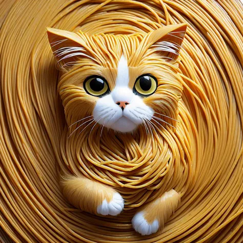 Cat made of spaghetti, spaghetti body of cat form, spaghetti cat body, cat spaghetti composition, perfect composition, masterpiece, elegant, expressive, artistic, intricate, detailed, best quality, [:cinematic lighting:.35]