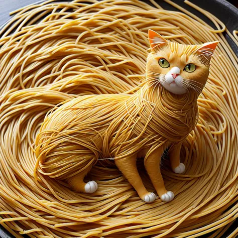 Cat made of spaghetti, spaghetti body of cat form, spaghetti cat body, cat spaghetti composition, perfect composition, masterpiece, elegant, expressive, artistic, intricate, detailed, best quality, [:cinematic lighting:.35]