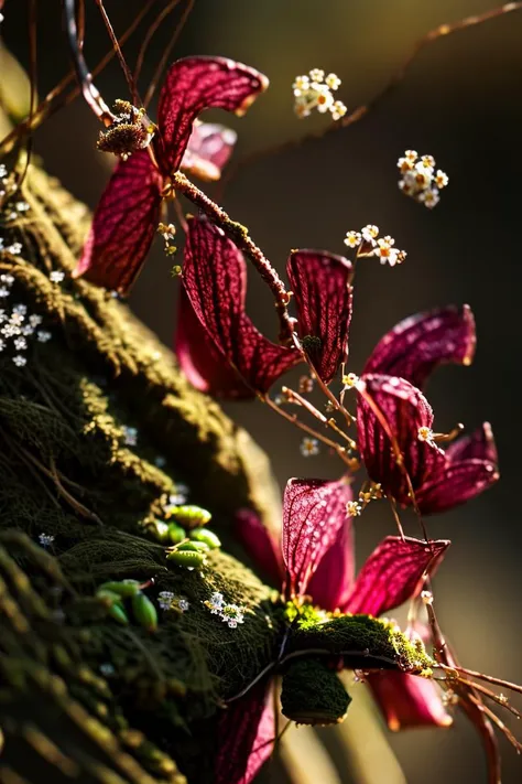 floating overgrown (knotted wood:1.0), bark, (moss:1.8), (tiny bonsai:1.6), (tiny flowers:1.8), (plants:1.4), (blooming buds:1.8), (cherry blossoms:1.0), (leaves:1.4), (branches:1.4), (roots:1.2), dew drops, (butterflies:1.4), intricate, detailed, masterpiece, professional photo, (outdoors, sunshine:1.6), sharp focus, f1.8, 200mm, bokeh, particles, dust, spring colors, HD, (contour lighting, rim lighting, two tone lighting:1.4), CinemaHelper to8contrast style