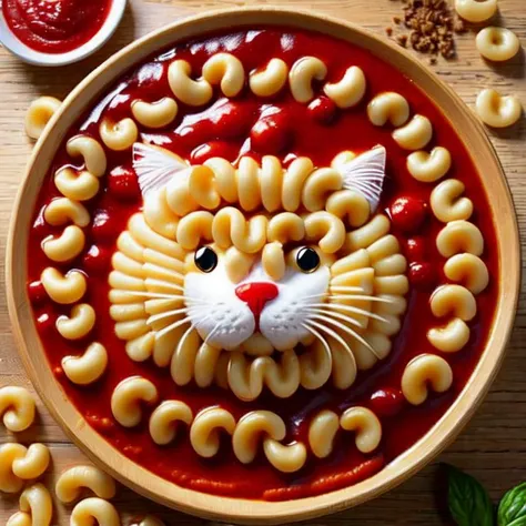 Cat made of fresh elbow macaroni, hot fresh elbow macaroni body of cat form, elbow macaroni head, tomato sauce above, perfect composition, masterpiece, best quality, [:cinematic lighting:.35]